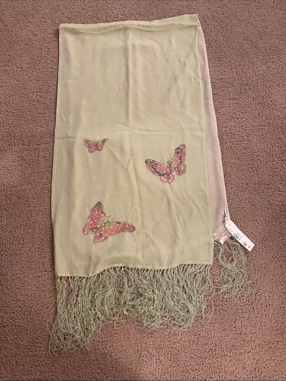 Nordstrom Pale Green Scarf with Pink Butterfly Motif
